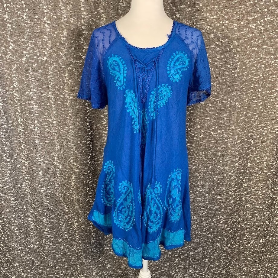 India Boutique Blue Embroidered Paisley Mini Dress Boho Hippie Women's Free Size